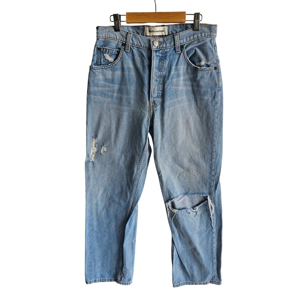 Reformation Danny Mid Relaxed Fit Light Wash Distressed Jeans Button Fly 27‎